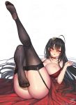  1girl ahoge ass azur_lane bangs bare_shoulders black_hair black_legwear blush breasts choker cleavage cocktail_dress collarbone commission dress dress_pull feet garter_straps hair_between_eyes hair_ornament half-closed_eyes large_breasts leg_up legs long_hair looking_at_viewer lying nipples no_panties on_back one_breast_out parted_lips pulled_by_self red_choker red_dress red_eyes shiny shiny_skin signature simple_background soles solo suerte taihou_(azur_lane) taihou_(forbidden_feast)_(azur_lane) thighhighs very_long_hair watermark white_background 