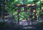  blue_eyes brown_hair forest japanese_clothes niko_p original scenic short_hair signed torii tree 