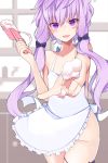  1girl :d absurdres apron bare_shoulders blue_bow blush bow breasts collarbone commentary_request cream eyebrows_visible_through_hair food hair_bow hair_ornament happy highres holding indoors long_hair looking_at_viewer naked_apron open_mouth pon_(shind_997) purple_eyes purple_hair short_hair_with_long_locks sidelocks small_breasts smile solo twintails vocaloid voiceroid white_apron window yuzuki_yukari 