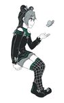  artist_name bare_shoulders boots bug butterfly butterfly_hair_ornament crossed_legs double_bun from_side full_body hair_ornament highres insect jojo_no_kimyou_na_bouken kuujou_jolyne lolitaii monochrome multicolored_hair short_shorts shorts signature sitting smile solo spot_color stone_ocean thighhighs two-tone_hair younger 