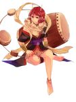  alternate_costume anklet bad_id bad_pixiv_id banned_artist barefoot drum drum_set full_body highres horikawa_raiko horns instrument jewelry red_eyes red_hair shawl short_hair simple_background sitting solo taiko_drum touhou towako_(10wk0) white_background wrist_guards 