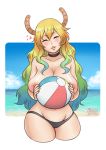  1girl a_pinch_of_vanilla areolae ball beach beach_ball beachball blonde_hair blush breasts choker cleavage collarbone dragon_horns eyebrows_visible_through_hair eyes_closed gradient_hair highres horns kobayashi-san_chi_no_maidragon large_breasts long_hair multicolored_hair nipples parted_lips quetzalcoatl_(maidragon) smile solo thick_thighs thighs topless 