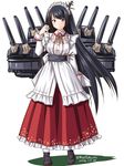  alternate_costume black_hair cannon enmaided floral_print full_body fusou_(kantai_collection) hair_ornament japanese_clothes kantai_collection long_hair long_skirt looking_at_viewer maid maid_headdress pleated_skirt red_eyes rigging simple_background skirt solo standing tatsumi_ray turret twitter_username very_long_hair white_background 