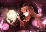  broken_moon chinese_clothes dress evil_smile glowing hat junko_(touhou) long_hair long_sleeves minust moon orange_hair red_eyes smile solo tabard touhou turtleneck upper_body wide_sleeves 