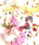 1boy 1girl apron belt black_hair blonde_hair blue_eyes blush boots bunny_ears cape carrot dress frills leon_magnus lilith_aileron long_hair open_mouth pants ponytail short_hair tales_of_(series) tales_of_destiny 