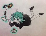  cookies female food full_body gradient gradient_background green_eyes green_hair one-punch_man solo tatsumaki traditional_media 