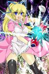  1girl apron blonde_hair blue_eyes breasts dress fang fingerless_gloves frills gloves lilith_aileron long_hair open_mouth ponytail ribbon shoes tales_of_(series) tales_of_destiny thighhighs 