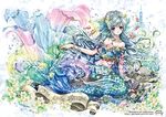  armband artist_name bandeau bangs blue_eyes blue_hair bow bracelet castle commentary_request coral fish flower frills gem hair_flower hair_ornament head_fins jewelry long_hair looking_at_viewer mermaid mirror monster_girl original princess scales seashell shell shiitake_(gensoudou) solo starfish swept_bangs watermark web_address 