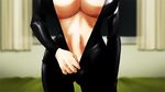  animated animated_gif bodysuit breasts bursting_breasts full-length_zipper glasses grey_hair hair_bun huge_breasts latex latex_suit lips no_bra prison_school red-framed_glasses shiraki_meiko skin_tight zipper zipping 