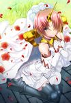  bare_shoulders boots dress elbow_gloves emanon123 fate/apocrypha fate/grand_order fate_(series) flower frankenstein's_monster_(fate) gloves grass grey_eyes hair_ornament hair_over_one_eye highres horn pink_hair rose sitting solo thigh_boots thighhighs wariza 