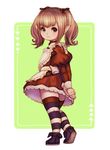  apron arms_behind_back brown_eyes brown_hair dress final_fantasy final_fantasy_xiv from_behind hands_together lalafell long_hair looking_back pointy_ears ribbon shoes smile solo striped striped_legwear thighhighs twintails yugume 