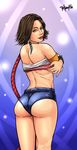  1girl armlet artist_name ass back blue_eyes bra braid brown_hair final_fantasy final_fantasy_x final_fantasy_x-2 from_behind green_eyes heterochromia huge_ass long_hair looking_back nail_polish parted_lips ramiro_de_la_cruz short_shorts shorts smile solo undressing very_long_hair wristband yuna 