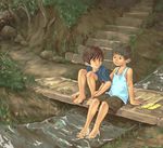  2boys b_gent barefoot brown_eyes brown_hair child feet hand_holding looking_at_another male_focus multiple_boys original outdoors short_hair shorts sitting sleeveless_shirt stairs t-shirt toes water 