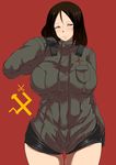  adjusting_hair bangs black_gloves blue_eyes breasts brown_hair commentary_request cowboy_shot emblem girls_und_panzer gloves half-closed_eyes highres large_breasts long_hair long_sleeves looking_at_viewer military military_uniform nonna parted_bangs plump pravda_(emblem) pravda_military_uniform red_background ruler scissors short_jumpsuit solo standing takatoo_kurosuke uniform 