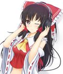  ascot bare_shoulders black_hair brown_eyes detached_sleeves hakurei_reimu headphones long_hair miyakouji one_eye_closed ponytail solo touhou white_background 