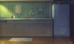  cabinet coca-cola counter feel_(nasitaki) frying_pan highres indoors kitchen no_humans original plant potted_plant refrigerator rug scenery signature soda_bottle spatula still_life stove tile_wall tiles wood wooden_floor 