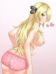  ass blonde_hair blush breasts gen_4_pokemon gible green_eyes heart highres large_breasts long_hair looking_at_viewer nipples panpa panties pink_panties pokemon pokemon_(creature) shirona_(pokemon) smile solo topless underwear underwear_only 