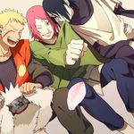  2boys arm_around_waist biting biting_clothes cherry_blossoms clothes_in_mouth cosplay couple dutch_angle facial_mark forehead_mark green_eyes grin hair_over_one_eye haruno_sakura husband_and_wife jiraiya jiraiya_(cosplay) long_sleeves mouth_hold multiple_boys naruto naruto_(series) oba-min older one_eye_closed open_mouth orochimaru orochimaru_(cosplay) petals pink_hair short_over_long_sleeves short_sleeves sitting smile team7 tsunade tsunade_(cosplay) uchiha_sasuke uzumaki_naruto whisker_markings 