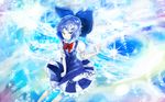  absurdres blue_dress blue_eyes blue_hair blush bow cirno commentary_request dress dress_pull hair_bow hand_up highres ice ice_wings legs looking_to_the_side puffy_short_sleeves puffy_sleeves shirt short_dress short_sleeves sinzan sleeveless sleeveless_dress smile solo sparkle touhou white_shirt wings 