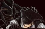  1girl artist_name black_hair blindfold blood blood_on_face bloodborne bloody_clothes bloody_nose chain clenched_hand clenched_teeth commentary_request face_mask hand_on_another's_head hat highres hunter_(bloodborne) mask simple_background takigi_(takigi-bf) teeth yurie_the_last_scholar 