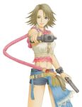  blue_eyes breasts brown_hair final_fantasy final_fantasy_x final_fantasy_x-2 green_eyes heterochromia mikage_tsukiya short_hair smile solo weapon white_background yuna_(ff10) 