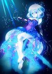  air_bubble breasts bubble cleavage come_hither corset dress elbow_gloves fingernails gloves high_heels highres jellyfish large_breasts light_rays long_fingernails looking_at_viewer minamoto monster_girl official_art original personification purple_eyes short_hair solo underwater 
