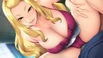  1girl akeiro_kaikitan bare_arms bare_legs blonde_hair bra breasts cameltoe cleavage game_cg highres huge_breasts indoors katsuragi_youko legs long_hair looking_down lying mound_of_venus panties parted_lips purple_bra purple_panties sitting sitting_on_person smile solo_focus sumeragi_kohaku sweat thighs underwear yellow_eyes 