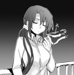  alternate_hairstyle artist_name bad_id bad_twitter_id bangs blouse cigarette closed_eyes commentary_request greyscale hiiragi_(jhug8877) kantai_collection leaning_back long_hair monochrome nachi_(kantai_collection) railing screentones scrunchie side_ponytail smoking solo upper_body 