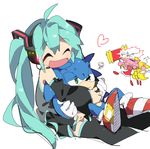  2girls amy_rose aqua_hair company_connection detached_sleeves furry hatsune_miku headset home_(houmei) hug long_hair multiple_boys multiple_girls sega shoes smile sneakers sonic sonic_the_hedgehog tails_(sonic) thighhighs twintails vocaloid 