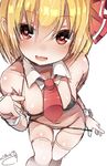  absurdres ascot bikini black_bikini blonde_hair blush fang greatmosu heart heart-shaped_pupils highres micro_bikini open_mouth red_eyes rumia solo string_pull swimsuit symbol-shaped_pupils thighhighs touhou white_background white_legwear 