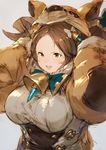  animal_hat bell blush breasts brown_eyes brown_gloves brown_hair daetta_(granblue_fantasy) draph fur_trim gloves granblue_fantasy hair_bell hair_ornament hat highres horns huge_breasts junwool open_mouth simple_background smile solo 