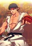 abs black_hair looking_at_viewer male_focus muscle pecs ryuu_(street_fighter) solo street_fighter sweat tagme torn_clothes undressing 