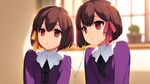  akeiro_kaikitan black_ribbon bob_cut brown_hair dress earphones earplugs flat_chest game_cg hair_ribbon lipgloss lips long_sleeves multiple_girls parted_lips plant purple_dress red_eyes red_ribbon ribbon ruka_(akeiro_kaikitan) ruri_(akeiro_kaikitan) same_face shared_earphones short_hair siblings sisters sumeragi_kohaku twins window yellow_ribbon 