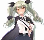  anchovy anzio_school_uniform bangs black_neckwear black_skirt blurry cape collared_shirt depth_of_field dress_shirt drill_hair eyebrows eyebrows_visible_through_hair eyelashes girls_und_panzer green_hair grin hair_between_eyes hair_ribbon hand_on_hip hato_haru holding long_hair long_sleeves looking_at_viewer necktie outstretched_arm pleated_skirt ribbon riding_crop school_uniform shirt signature skirt smile solo twin_drills twintails uniform white_background white_shirt yellow_eyes 