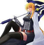  bardiche black_legwear blonde_hair breasts cape coat fate_testarossa gloves large_breasts long_hair looking_at_viewer lyrical_nanoha magical_girl mahou_senki_lyrical_nanoha_force mahou_shoujo_lyrical_nanoha mochidayo_(lovefate999) red_eyes solo sword thighhighs thighs weapon white_background zettai_ryouiki 