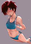  arched_back arms_behind_back blue_eyes brown_hair buruma feet_out_of_frame looking_at_viewer midriff navel no_socks parted_lips shoes short_hair simple_background sneakers solo sports_bikini stretch sweat track_uniform utu 