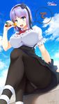  2016 :d arm_support artist_name bangs black_flower black_hair black_legwear black_ribbon black_rose black_skirt blue_eyes blue_sky blush bow bowtie breasts cloud copyright_name crotch_seam dagashi_kashi dated day eyebrows eyebrows_visible_through_hair eyelashes flower food frilled_sleeves frills from_below hair_flower hair_ornament hair_ribbon hairband high-waist_skirt highres hozumi_kaoru large_breasts looking_at_viewer open_mouth panties panties_under_pantyhose pantyhose pantyshot pantyshot_(sitting) puffy_short_sleeves puffy_sleeves purple_hair red_bow red_neckwear ribbon ringed_eyes rose shadow shidare_hotaru shirt short_hair short_sleeves signature sitting skirt sky smile solo speech_bubble suspender_skirt suspenders thighband_pantyhose umaibou underwear upskirt white_panties white_shirt wrist_cuffs 