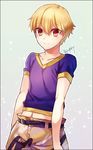  bangs blonde_hair cargo_shorts child child_gilgamesh cowboy_shot fate/grand_order fate/hollow_ataraxia fate_(series) gilgamesh looking_at_viewer male_focus midriff red_eyes shirt shorts signature smile tenkuu_sphere younger 
