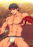  abs bara black_hair bulge looking_at_viewer male_focus muscle pecs ryuu_(street_fighter) solo street_fighter sweat tagme topless underwear undressing 