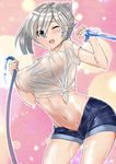  blue_eyes breasts covered_nipples eyebrows folded_ponytail hamakaze_(kantai_collection) hose huge_breasts kantai_collection midriff navel nipples no_bra one_eye_closed open_mouth see-through shirt short_shorts shorts silver_hair sin_(kami148) solo teeth tied_shirt unzipped water wet wet_clothes white_shirt wince 