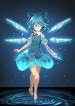  bare_legs barefoot blue_bow blue_dress blue_hair blush bow cirno closed_eyes closed_mouth collared_shirt dress fairy fairy_wings floating full_body hair_bow i-la ice ice_wings legs_together puffy_short_sleeves puffy_sleeves red_ribbon ribbon shirt short_hair short_sleeves smile solo touhou water white_shirt wings 