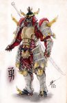  2015 armor brave_the_hard commentary crossover dated helmet highres isaki_tanaka japanese_armor kabuto katana kote male_focus monster_hunter neptune_(series) samurai signature solo sword traditional_media weapon 