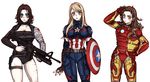  adapted_costume ahoge armor ass_visible_through_thighs avengers bad_id bad_pixiv_id bags_under_eyes belt belt_pouch black_hair blonde_hair blood blood_stain blue_eyes blush breast_squeeze breasts brown_eyes brown_hair captain_america choker cleavage commentary_request dishing fingerless_gloves genderswap genderswap_(mtf) gloves gun hand_in_hair handgun headwear_removed helmet helmet_removed highres iron_man james_buchanan_barnes large_breasts long_hair marvel mechanical_arm medium_breasts multiple_girls pistol pouch pout rifle short_hair short_shorts shorts steve_rogers sweat thigh_gap thigh_strap tony_stark wavy_hair weapon winter_soldier 