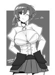  bad_id bad_twitter_id bangs boudica_(fate/grand_order) breasts cleavage cleavage_cutout corset cowboy_shot earrings fate/grand_order fate_(series) greyscale heart high_collar hiiragi_(jhug8877) jewelry juliet_sleeves large_breasts long_sleeves monochrome one_eye_closed ponytail puffy_sleeves screentones shrug_(clothing) smile solo 