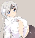  blouse blue_eyes breasts center_opening chitose_(kantai_collection) headband kantai_collection large_breasts long_hair lying nanasuke on_side open_clothes pantyhose ponytail silver_hair smile solo white_blouse 