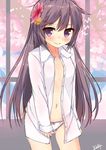  akebono_(kantai_collection) alternate_hairstyle artist_name bad_id bad_twitter_id bell blush bow bow_panties cherry_blossoms flat_chest flower hair_bell hair_down hair_flower hair_ornament jingle_bell kantai_collection long_hair looking_at_viewer navel no_bra open_clothes open_shirt panties purple_eyes purple_hair rouka_(akatyann) shirt solo underwear white_panties 
