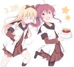  &gt;_&lt; ahoge birthday birthday_cake black_legwear blonde_hair bow cake closed_eyes collarbone dated food fork fruit hair_bow hair_in_mouth hair_intakes happy_birthday kitahara_tomoe_(kitahara_koubou) mouth_hold multiple_girls nanamori_school_uniform no_shoes open_mouth pantyhose plate ponytail purple_eyes purple_hair school_uniform serafuku smile socks strawberry sugiura_ayano toshinou_kyouko twitter_username wavy_mouth x) yuru_yuri 