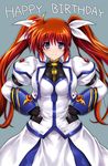  blue_background blush breasts cyclone fingerless_gloves gloves hair_ornament hair_ribbon hands_on_hips happy_birthday jacket juliet_sleeves large_breasts long_hair long_skirt long_sleeves looking_at_viewer lyrical_nanoha magical_girl mahou_shoujo_lyrical_nanoha_strikers open_clothes open_jacket puffy_sleeves purple_eyes red_hair ribbon simple_background skirt smile solo takamachi_nanoha thighhighs twintails very_long_hair 