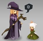  absurdres angry animal_ears blonde_hair facial_mark final_fantasy final_fantasy_xiv frown green_eyes haimerejzero hat head_bump highres kneeling long_hair matoya_(ff14) miqo'te multiple_girls odin_sphere parody purple_eyes robe short_hair staff style_parody tail witch_hat y'shtola_rhul younger 