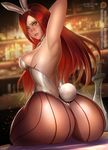  animal_ears arm_up armpits ass badcompzero bare_back blush breasts bunny_ears bunny_tail bunnysuit green_eyes katarina_du_couteau large_breasts league_of_legends lips long_hair pantyhose parted_lips red_hair scar scar_across_eye solo tail 
